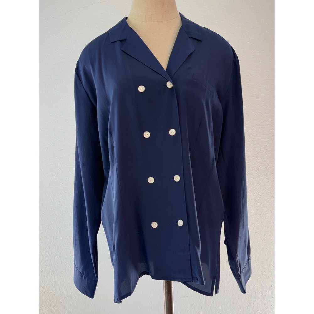 VTG Stephanie Andrews 100% Silk Top Navy Blue Double Breasted Old‎ Money Large